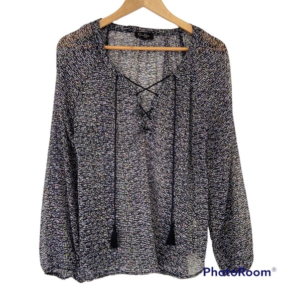 JESSICA SIMPSON MULTI COLOURED SHEER TOP/BLOUSE WITH LACE UP FRONT, SIZE LARGE - Picture 1 of 9